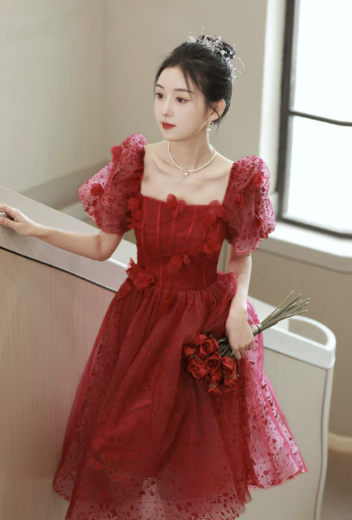Elegant Burgundy A-Line Square Applique Corset Midi Birthday Dress Homecoming Dress RS583