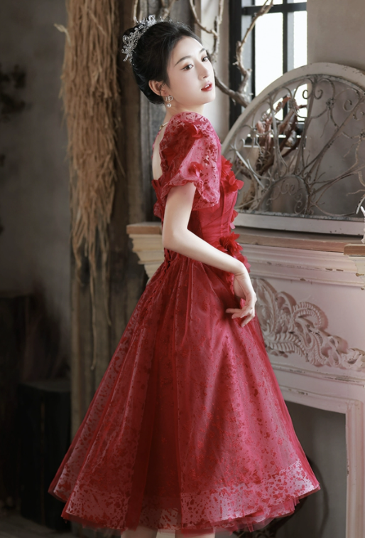 Elegant Burgundy A-Line Square Applique Corset Midi Birthday Dress Homecoming Dress RS583