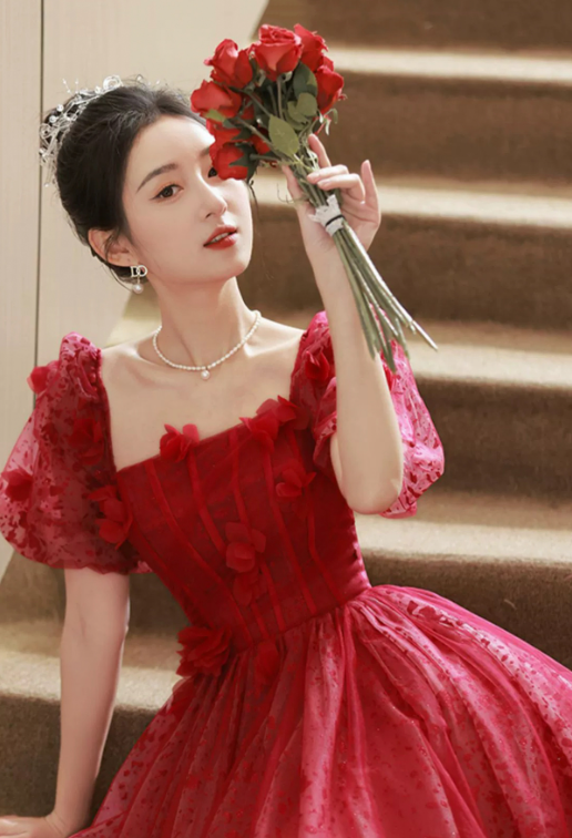 Elegant Burgundy A-Line Square Applique Corset Midi Birthday Dress Homecoming Dress RS583