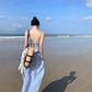 Travel wear women's beach dress backless blue and white plaid skirt a-line suit R1567