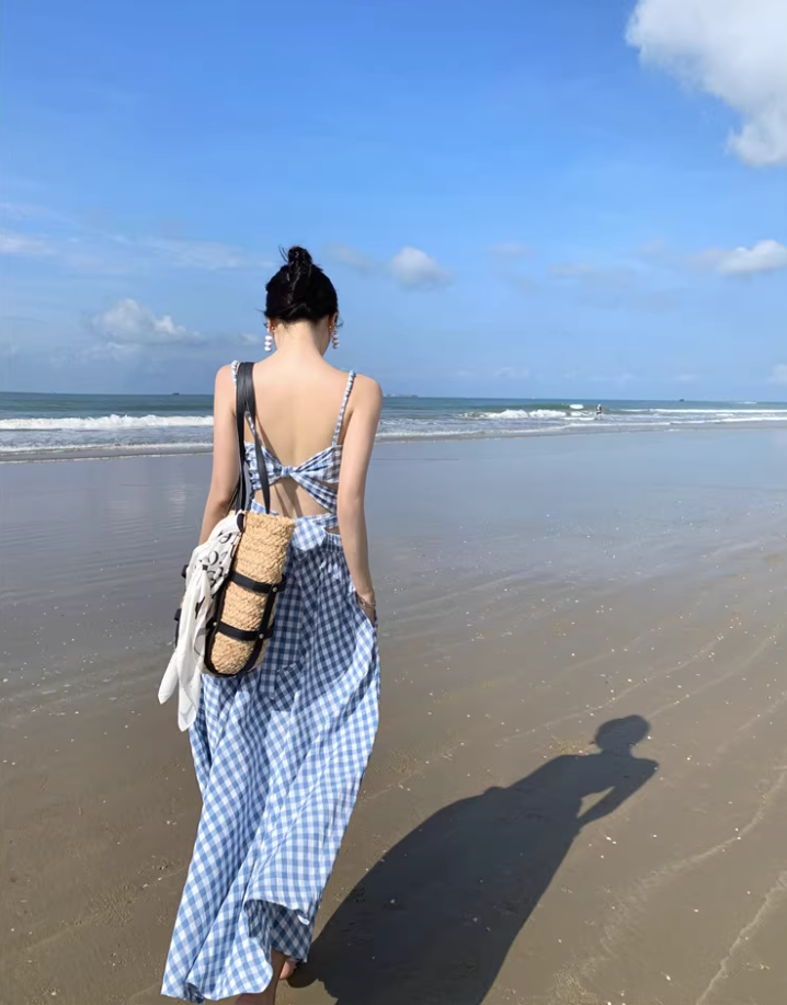 Travel wear women's beach dress backless blue and white plaid skirt a-line suit R1567
