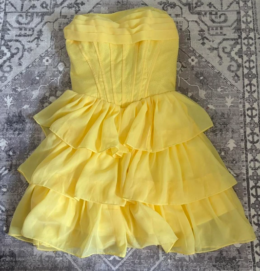 Charming Bright Yellow Homecoming Dress ,A-Line Strapless Frilled Short Prom Dress RS968
