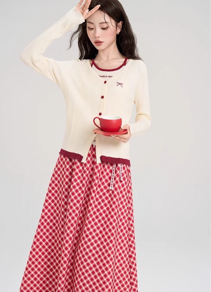 Gentle style knitted cardigan top skirt new style age-reducing outfit R2397