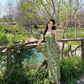 Green floral suspender dress beautiful waist A-line long skirt R0601