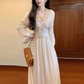 Green v-neck long-sleeved dress, niche style, no-collar retro waist temperament long skirt R0473