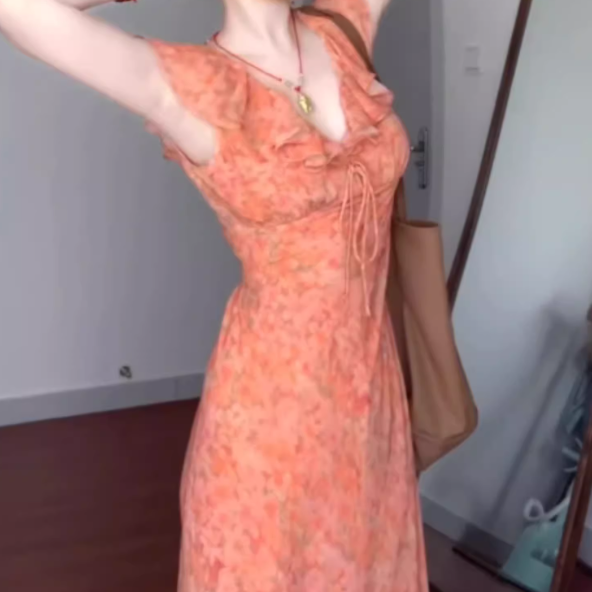 Floral suspender skirt niche design flying sleeves v-neck waist beautiful dress R0775