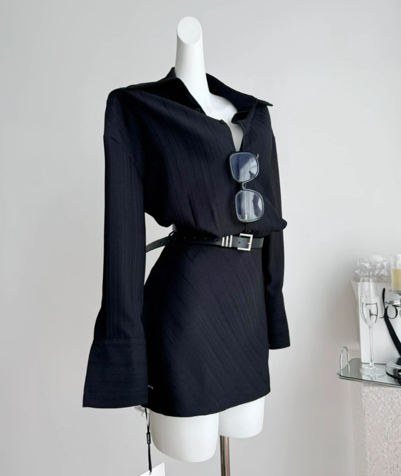 Shirt dress long sleeves new style waist black shirt dress R2103
