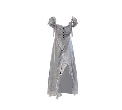 Silver Moonlight Long Ruffled Dress Square Neck Slimming Slit Long Dress Women R0077