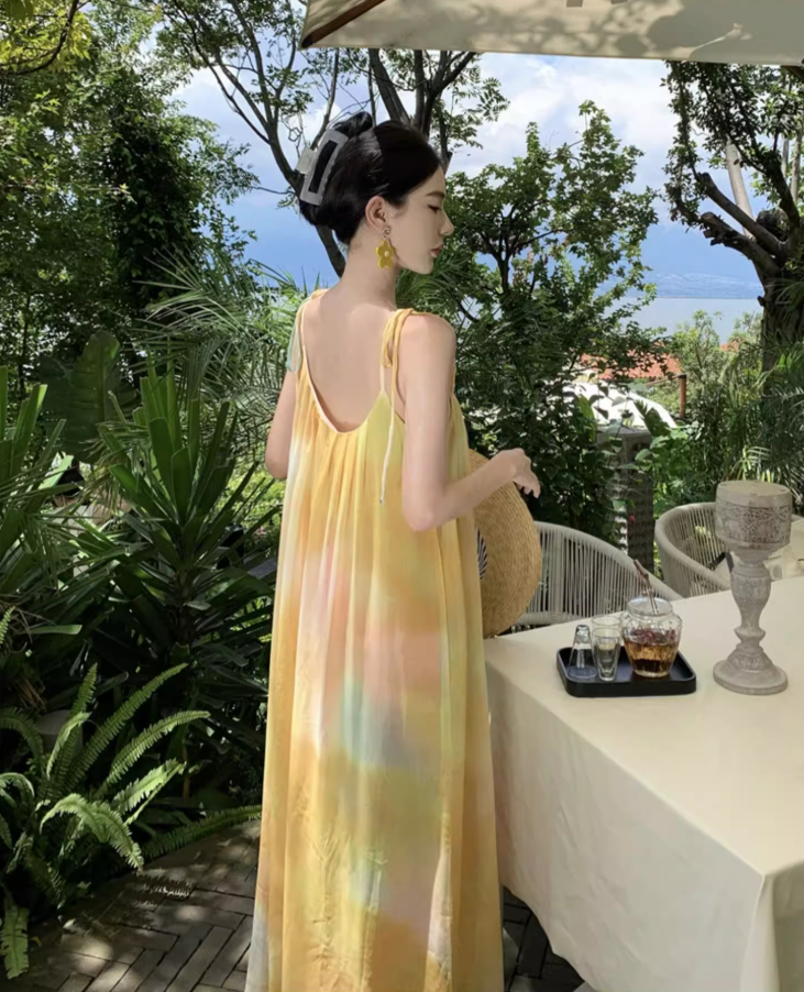 Beach vacation yellow gradient lazy style loose sling gentle style temperament dress R1630
