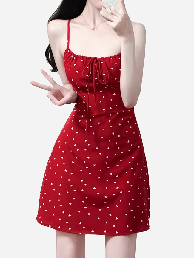 2025 Summer New Red Polka Dot High Waist Vacation Small A-line Suspender Dress R0965