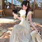 Yellow long chiffon printed small flying sleeve suspender dress summer French sweet slim skirt R4864