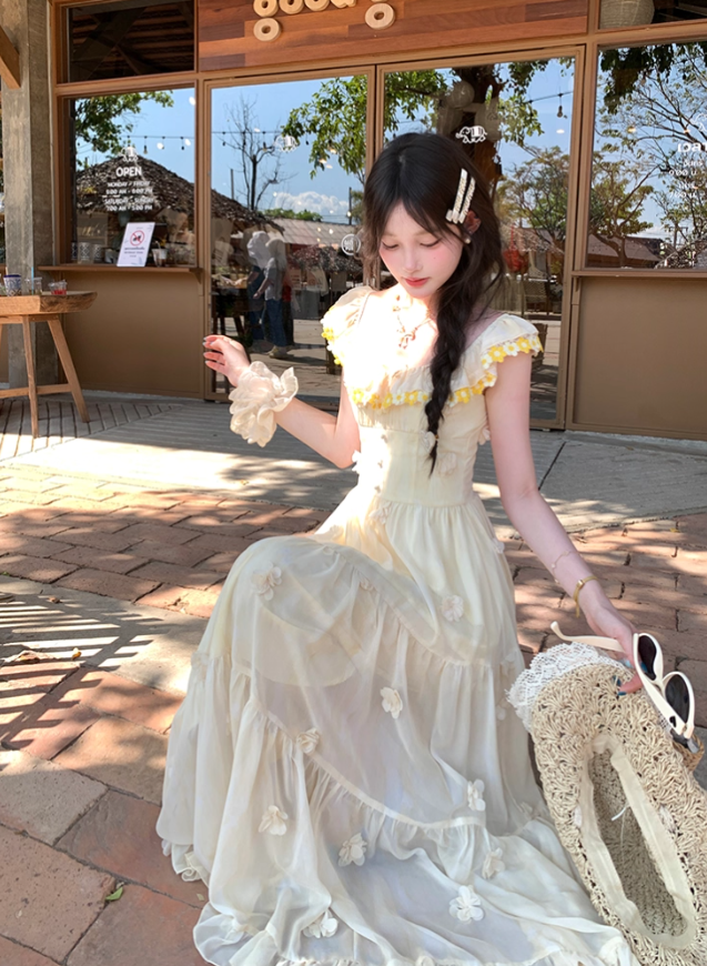 Yellow long chiffon printed small flying sleeve suspender dress summer French sweet slim skirt R4864