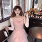 Pink waist chiffon suspender dress for women summer French retro temperament slim skirt R4866