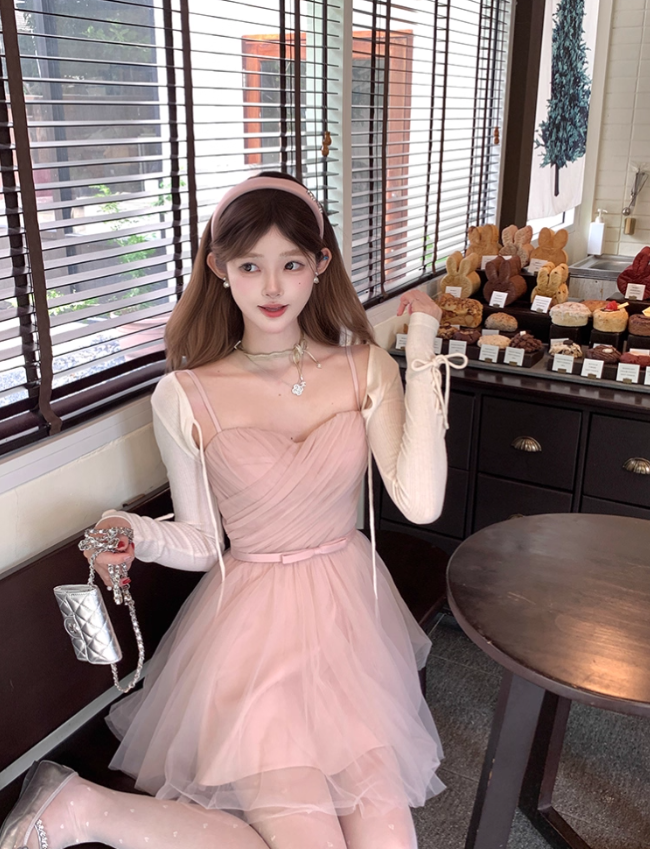 Pink waist chiffon suspender dress for women summer French retro temperament slim skirt R4866