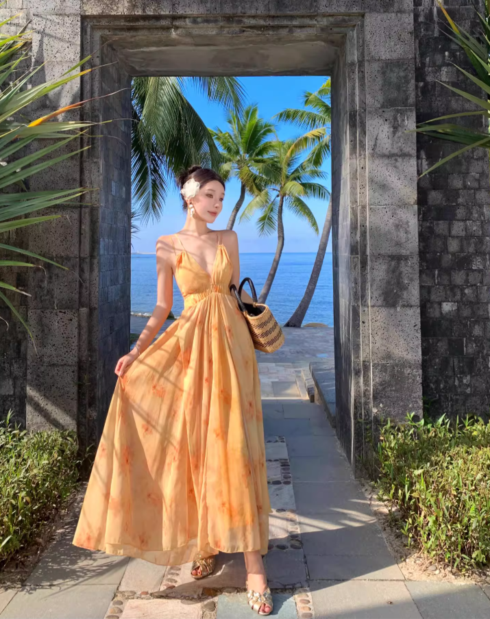 Vacation wear backless long dress beach dress island style suspender dress beach dress R1604