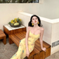Yellow suspender dress 2025 sexy slim long skirt waist hip skirt R0582