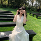 Gentle temperament ruffled V-neck halter dress beautiful waist A-line long skirt R0787