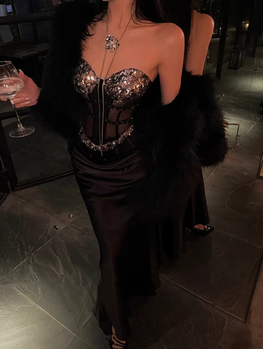 Large size French pure desire heavy sequined fishbone bra temperament hip skirt suit R1852