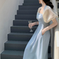 Blue halter neck square neck puff sleeve dress        S5799
