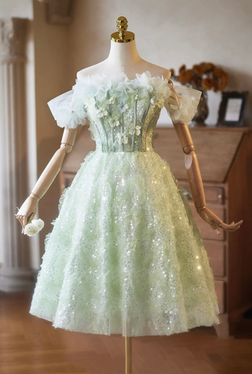 Fresh Green Glitter Homecoming Dress ,A-Line Off-the-shoulder Applique Corset Prom Dress RS805