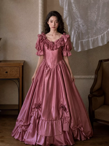 Silky Satin Sleeves Corset Prom Gown , Barbie Pink Women's Maxi Birthday Dress Ball Gown RS2603