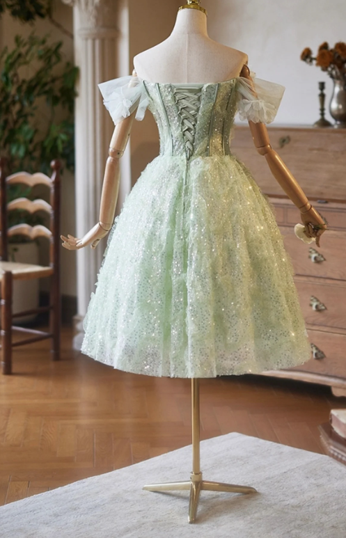 Fresh Green Glitter Homecoming Dress ,A-Line Off-the-shoulder Applique Corset Prom Dress RS805