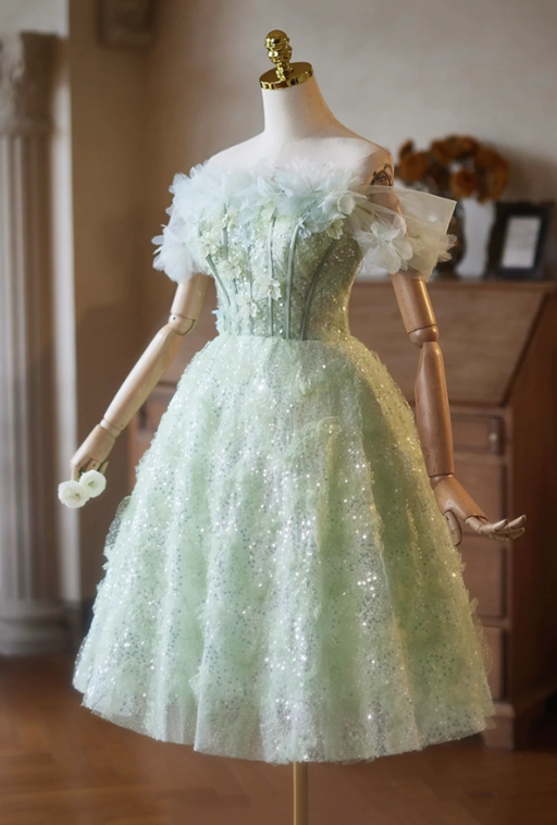 Fresh Green Glitter Homecoming Dress ,A-Line Off-the-shoulder Applique Corset Prom Dress RS805