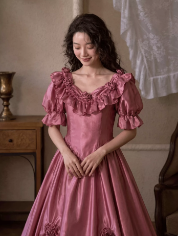 Silky Satin Sleeves Corset Prom Gown , Barbie Pink Women's Maxi Birthday Dress Ball Gown RS2603