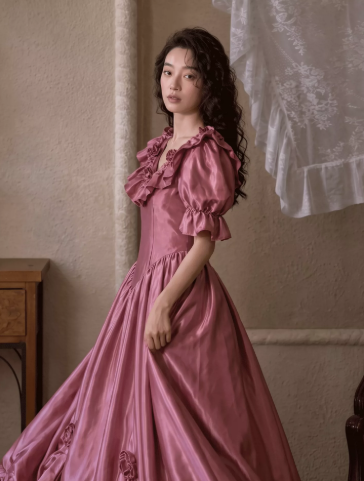 Silky Satin Sleeves Corset Prom Gown , Barbie Pink Women's Maxi Birthday Dress Ball Gown RS2603