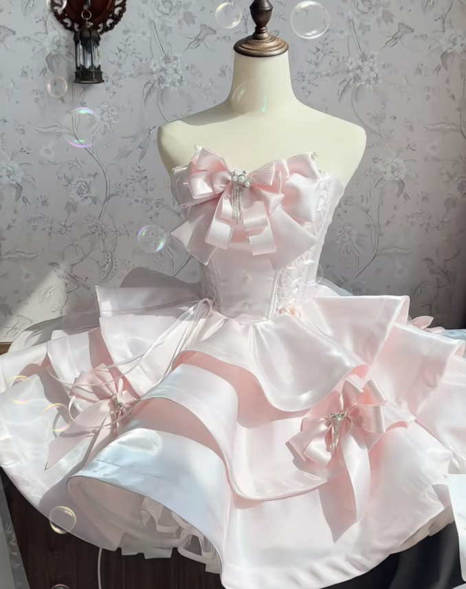 Lovely Blush Pink Ruffled Homecoming Dress ,A-Line Strapless Bowknot Corset Cute Princess Dress RS976