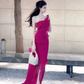 French suspender dress rose red white ruffled slit drape elegant long skirt R1611