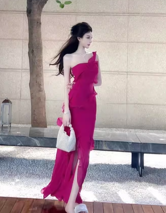 French suspender dress rose red white ruffled slit drape elegant long skirt R1611