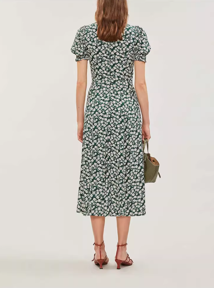 Summer square neck retro floral dress new French slit midi dress R2915