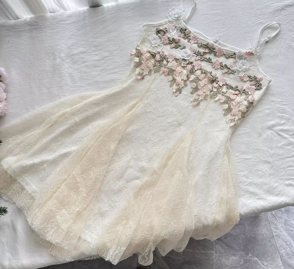 White three-dimensional embroidered flower waist dress pure style skirt R2006