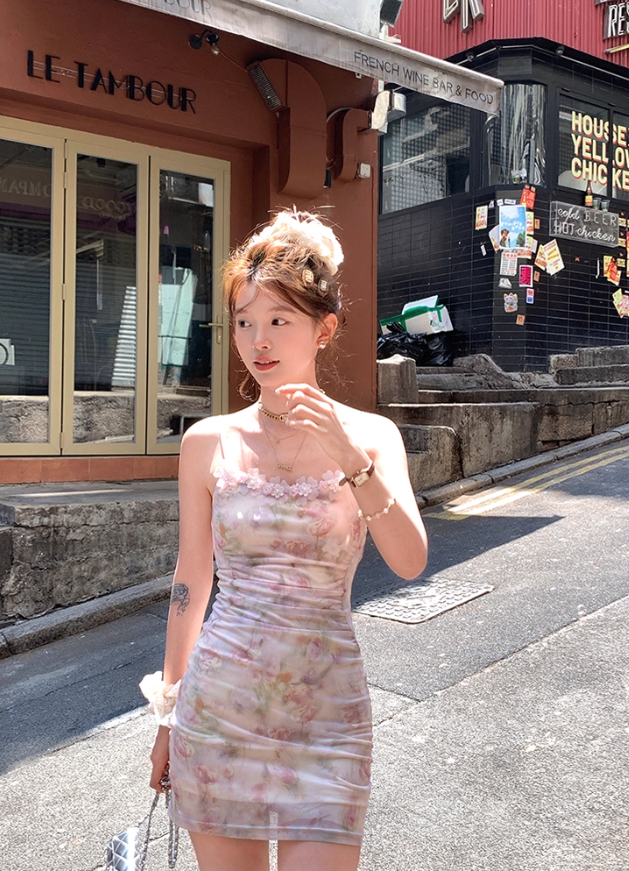 Gradient printing waist slimming suspender dress summer slim French skirt R4953
