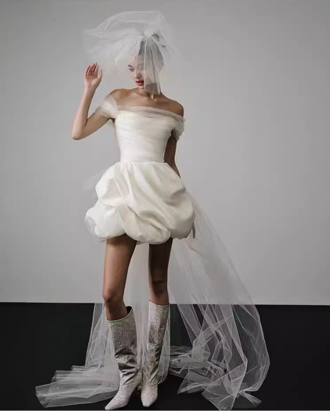 French White Satin One Shoulder Evening Gown Homecoming Dress R2978