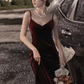 Burgundy suspender dress sexy V-neck backless high-end Christmas annual party hip dress R1471
