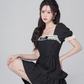 Retro jacquard French dress for women with square collar and lace trim, summer puff sleeves, black slim short skirt R4117
