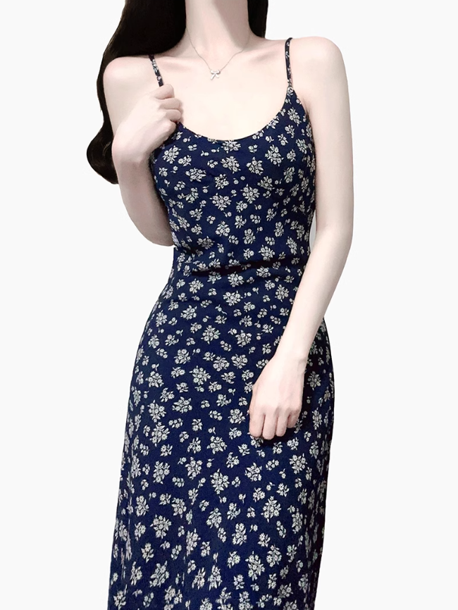 2025 Summer New Blue Floral Retro Backless Waist Long Suspender Dress R0909