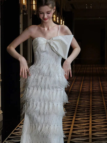 French Chic White Prom Dress ,Sheath Strapless Feather Decor Bodycon Maxi Evening Dress RS980