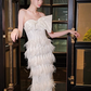 French Chic White Prom Dress ,Sheath Strapless Feather Decor Bodycon Maxi Evening Dress RS980