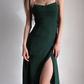 French style dark green high waisted camisole dress, retro waist cinched side slit dress R2865