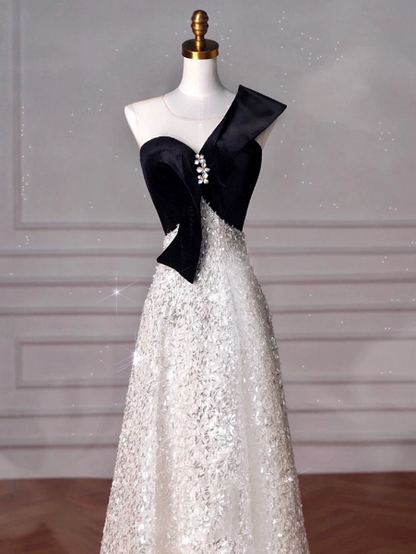 French Chic Patchwork Prom Dress ,A-Line One-shoulder Corset Glitter Evening Dress RS981