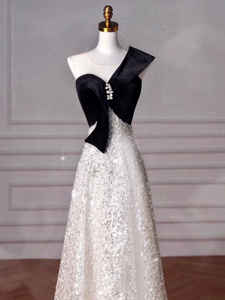 French Chic Patchwork Prom Dress ,A-Line One-shoulder Corset Glitter Evening Dress RS981