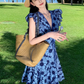 Heavy blue daisy embroidery V-neck dress sweet short skirt French waist lace A-line skirt R0184