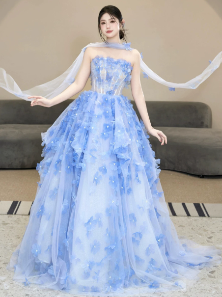 Elegant Blue Prom Dress ,A-Line Strapless Applique Corset Maxi Quinceanera Dress RS982