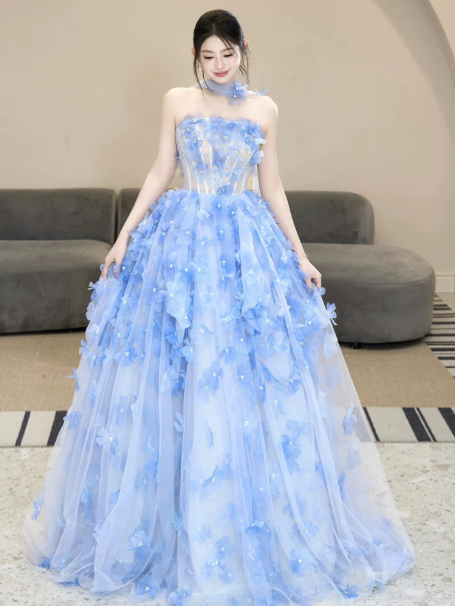 Elegant Blue Prom Dress ,A-Line Strapless Applique Corset Maxi Quinceanera Dress RS982