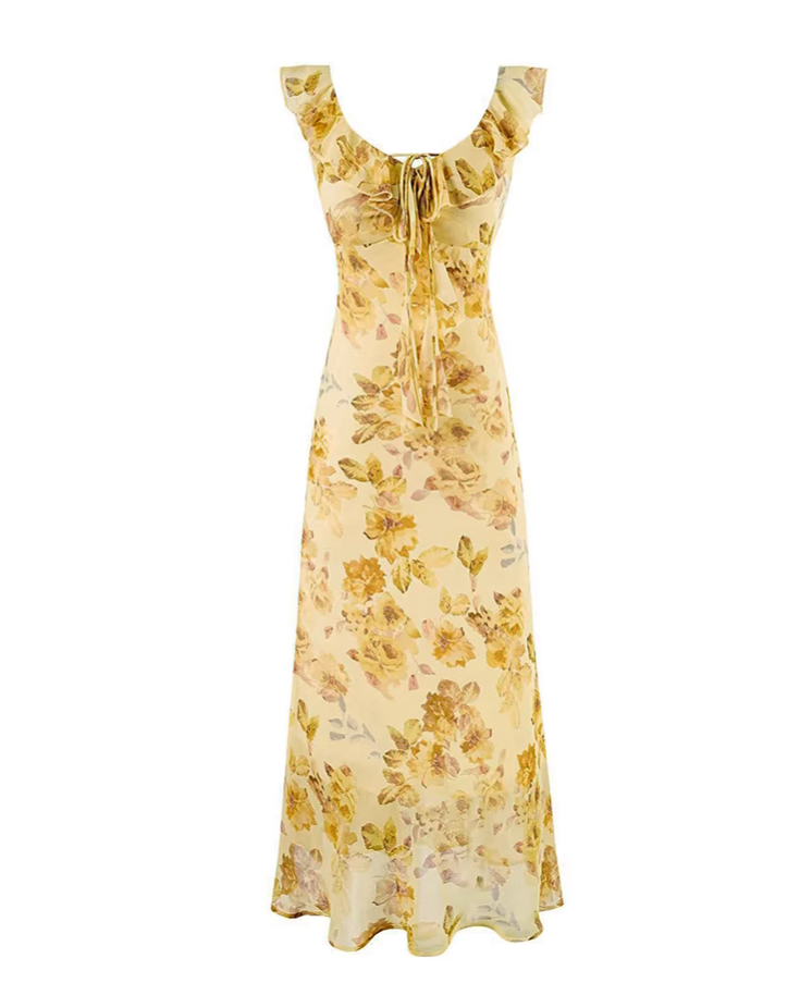 French yellow floral ruffle dress 2025 new temperament long skirt R2597