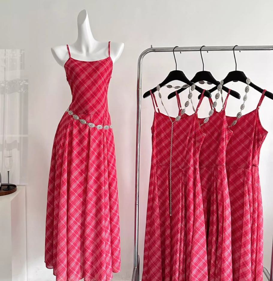 2025 new style temperament waist slim red plaid long suspender dress R2020