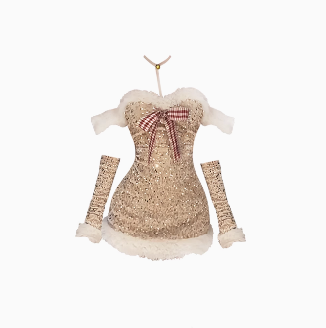 Pure desire style sequined plush halter neck dress 2025 sexy elk Christmas robe R1187